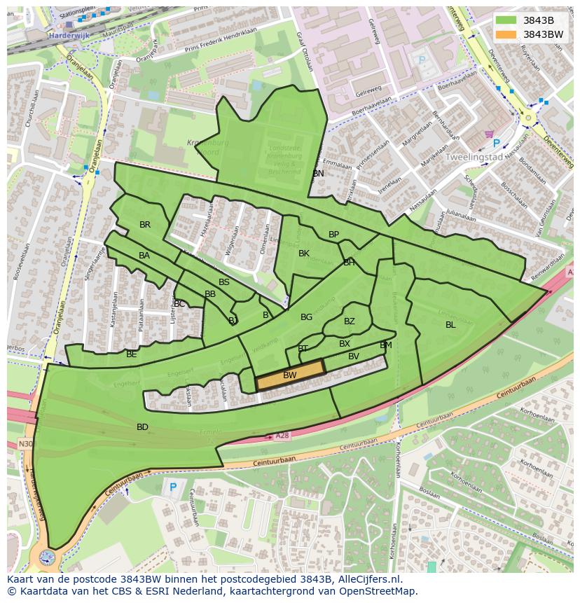 Afbeelding van het postcodegebied 3843 BW op de kaart.