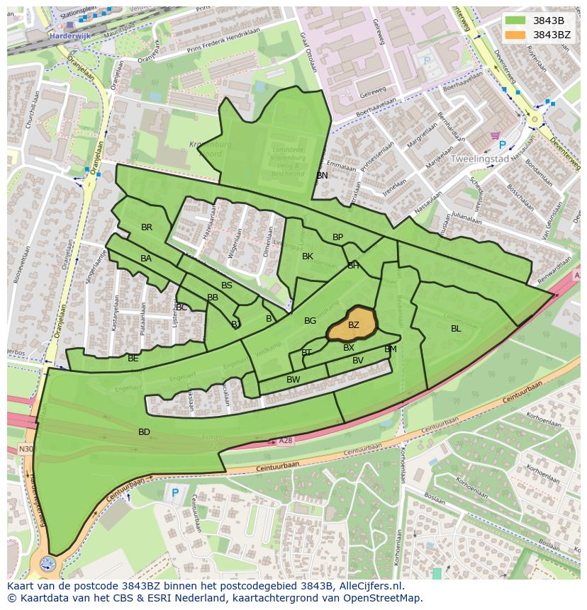 Afbeelding van het postcodegebied 3843 BZ op de kaart.