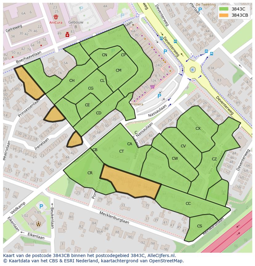 Afbeelding van het postcodegebied 3843 CB op de kaart.