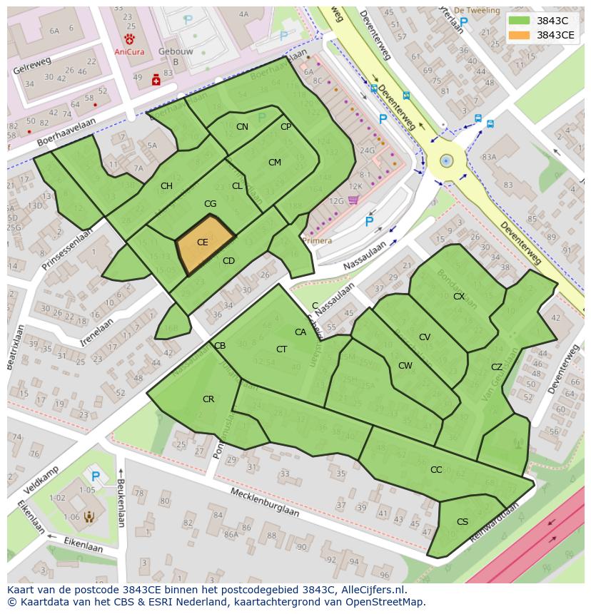 Afbeelding van het postcodegebied 3843 CE op de kaart.
