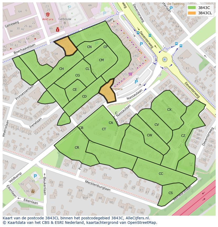Afbeelding van het postcodegebied 3843 CL op de kaart.