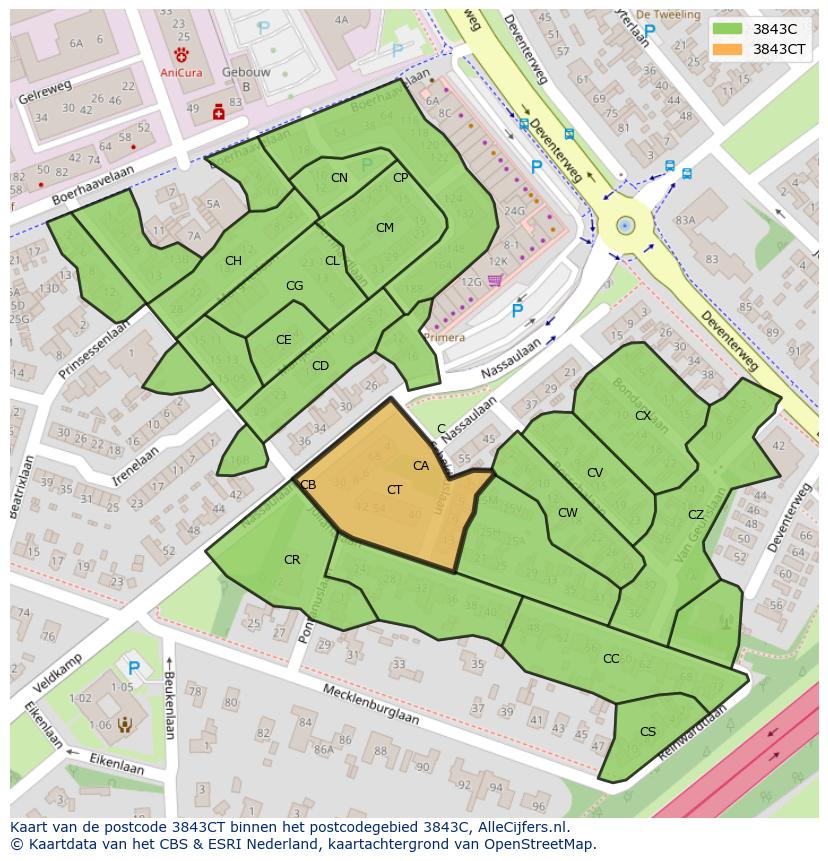Afbeelding van het postcodegebied 3843 CT op de kaart.