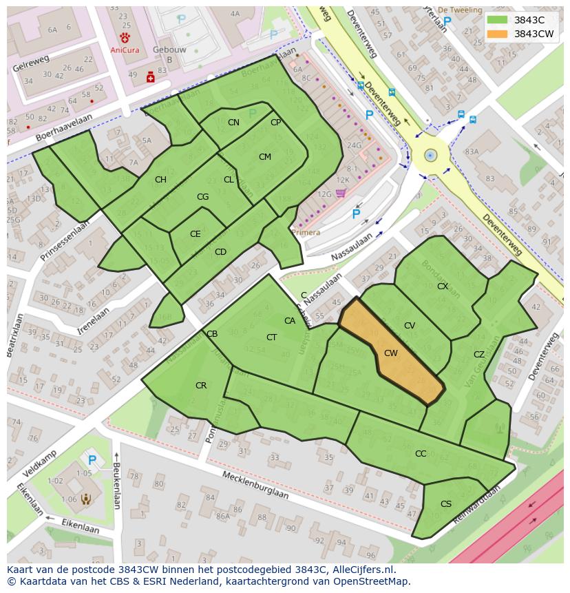 Afbeelding van het postcodegebied 3843 CW op de kaart.