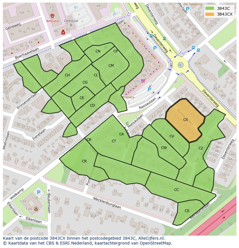 Afbeelding van het postcodegebied 3843 CX op de kaart.