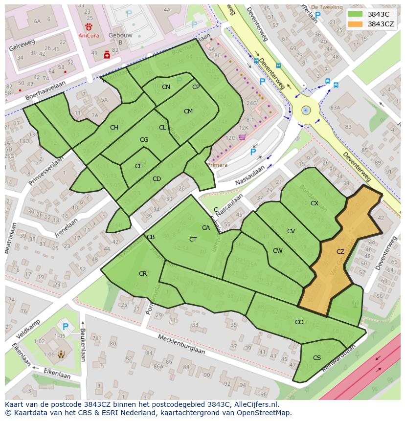 Afbeelding van het postcodegebied 3843 CZ op de kaart.