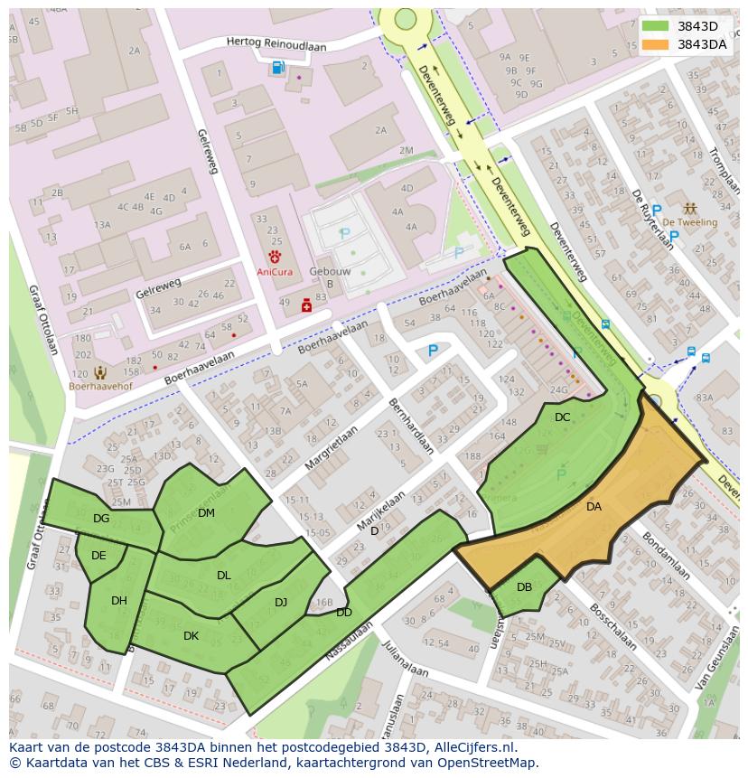 Afbeelding van het postcodegebied 3843 DA op de kaart.