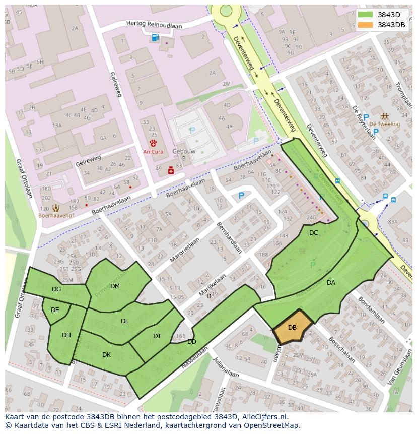 Afbeelding van het postcodegebied 3843 DB op de kaart.