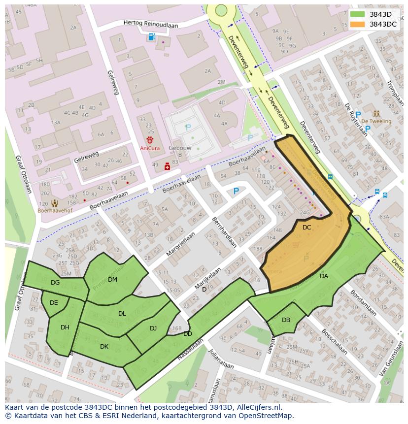 Afbeelding van het postcodegebied 3843 DC op de kaart.