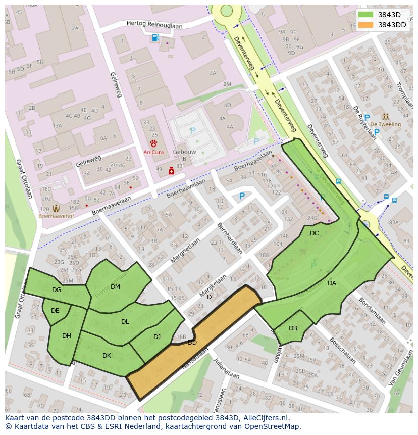 Afbeelding van het postcodegebied 3843 DD op de kaart.