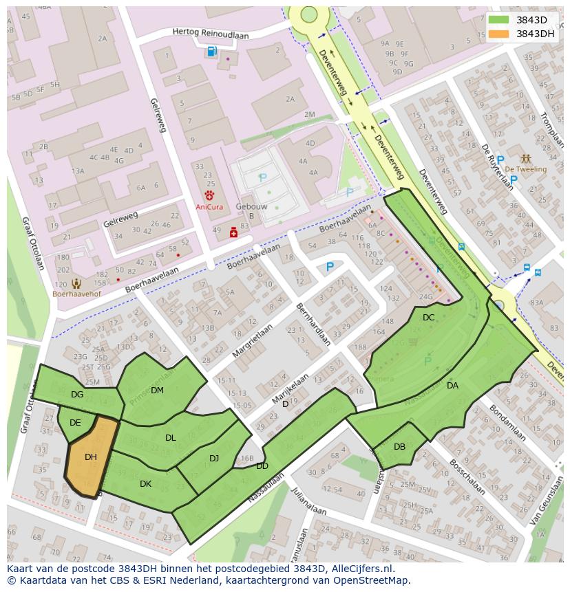 Afbeelding van het postcodegebied 3843 DH op de kaart.