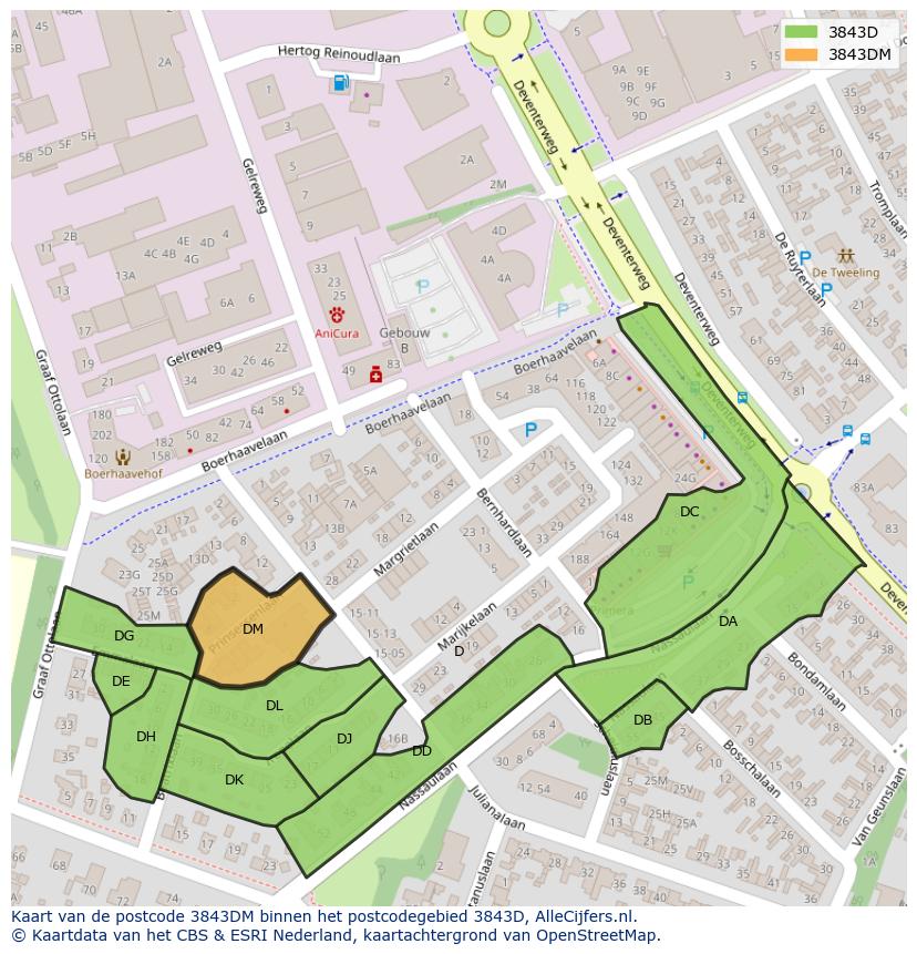 Afbeelding van het postcodegebied 3843 DM op de kaart.