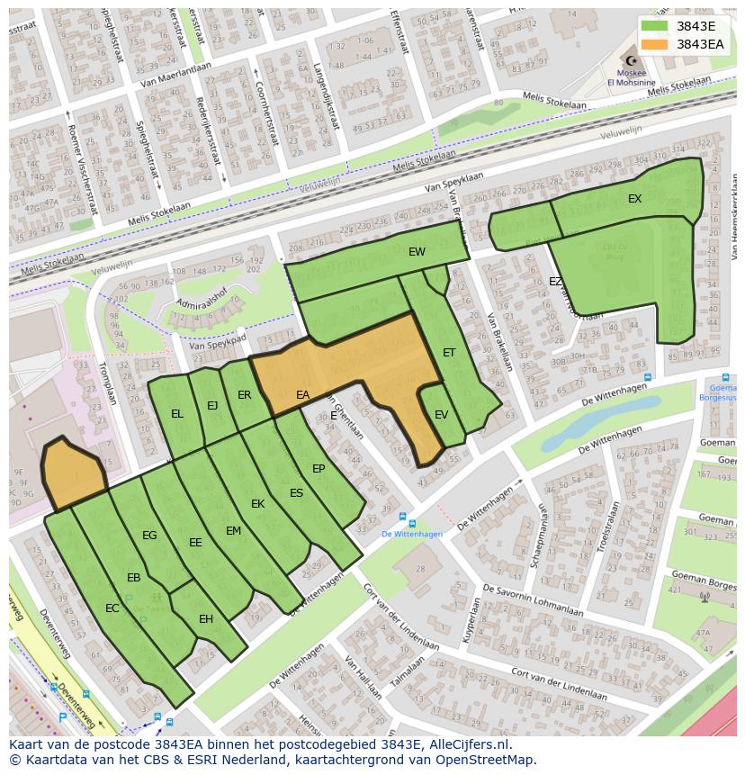 Afbeelding van het postcodegebied 3843 EA op de kaart.