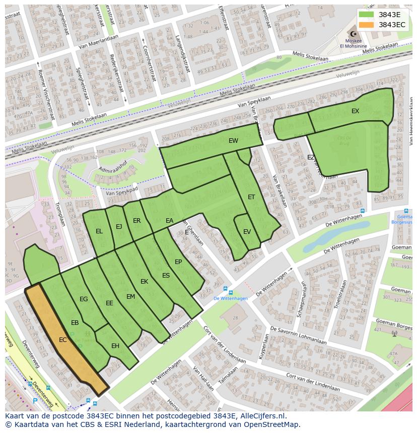 Afbeelding van het postcodegebied 3843 EC op de kaart.