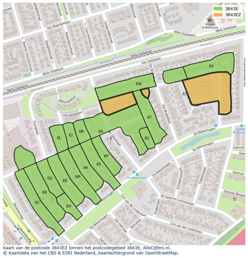 Afbeelding van het postcodegebied 3843 EZ op de kaart.