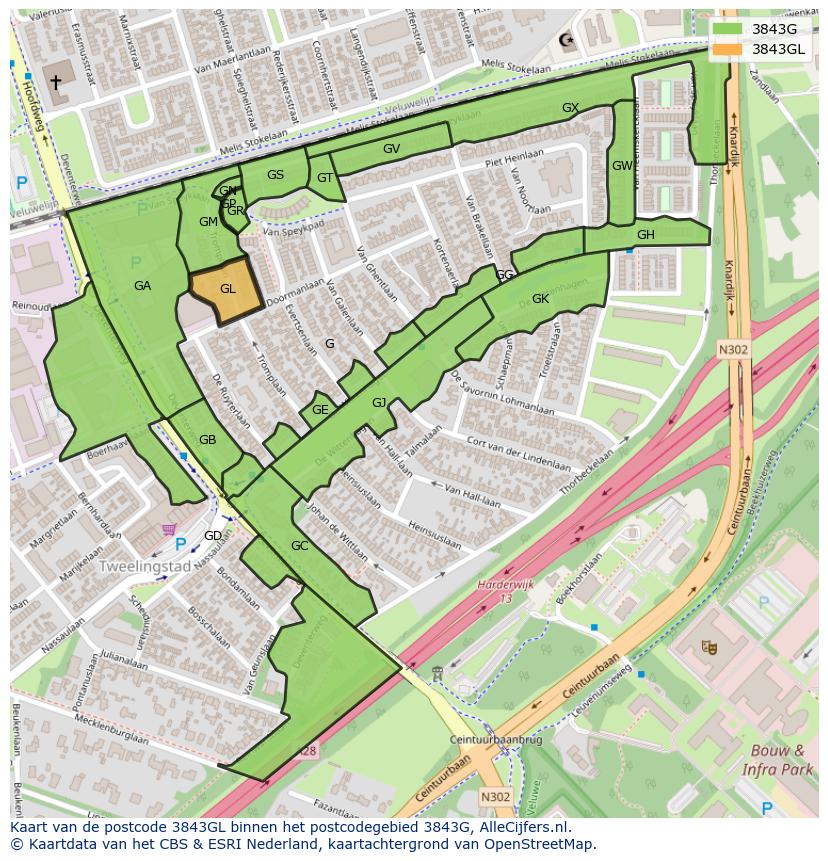 Afbeelding van het postcodegebied 3843 GL op de kaart.