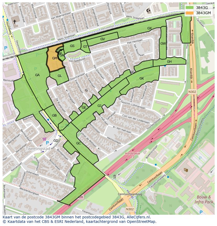 Afbeelding van het postcodegebied 3843 GM op de kaart.
