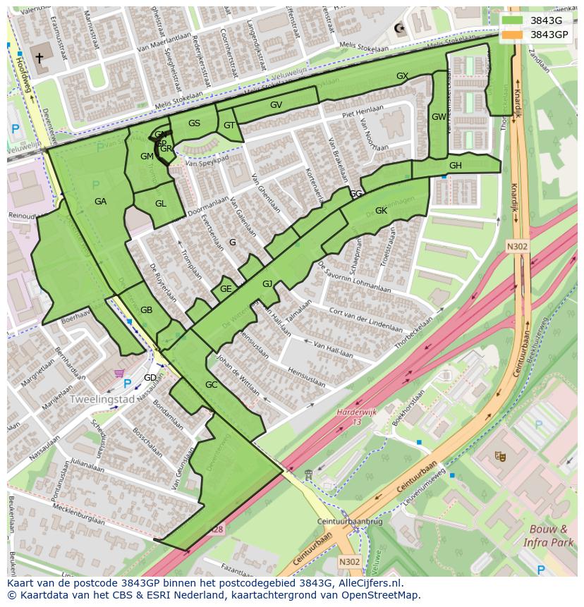 Afbeelding van het postcodegebied 3843 GP op de kaart.