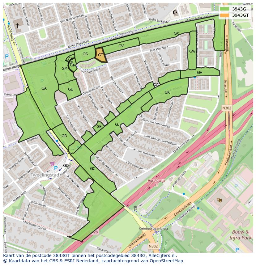 Afbeelding van het postcodegebied 3843 GT op de kaart.