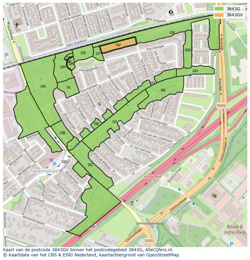Afbeelding van het postcodegebied 3843 GV op de kaart.
