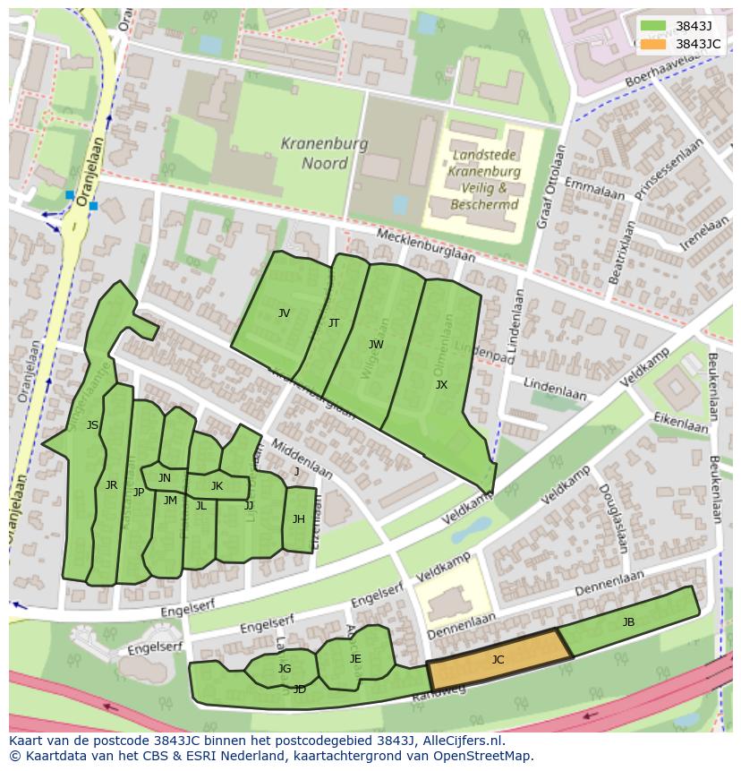Afbeelding van het postcodegebied 3843 JC op de kaart.