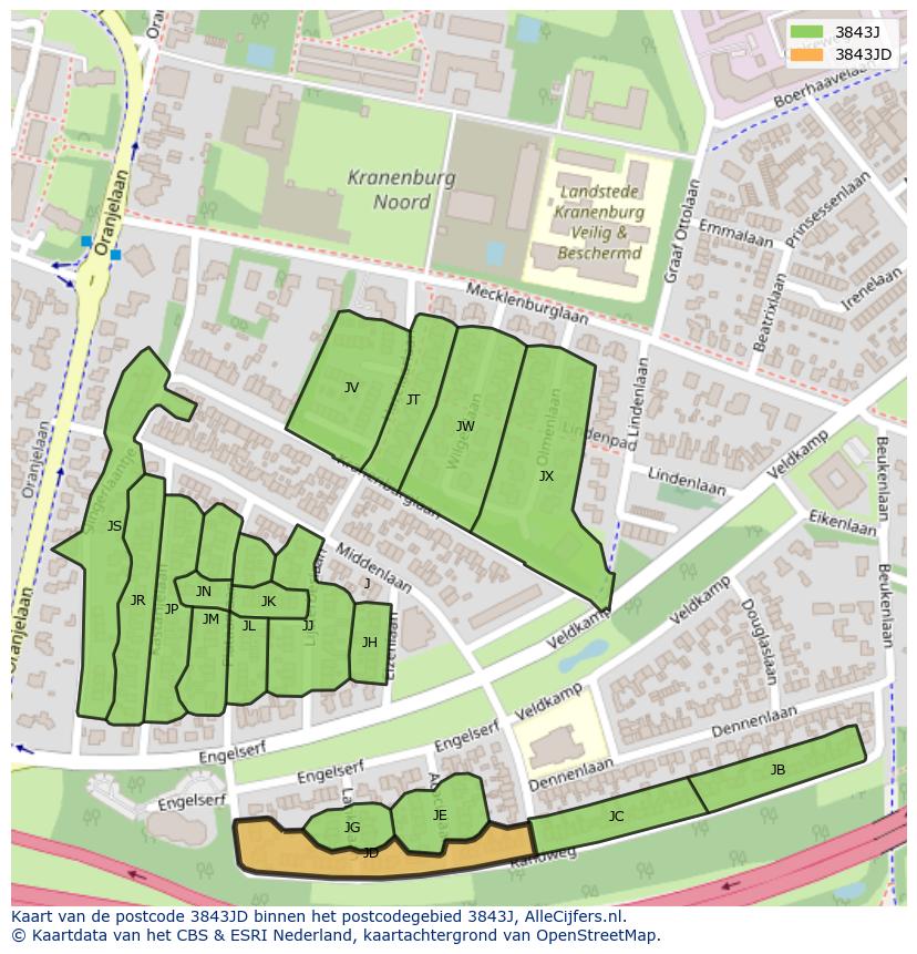 Afbeelding van het postcodegebied 3843 JD op de kaart.