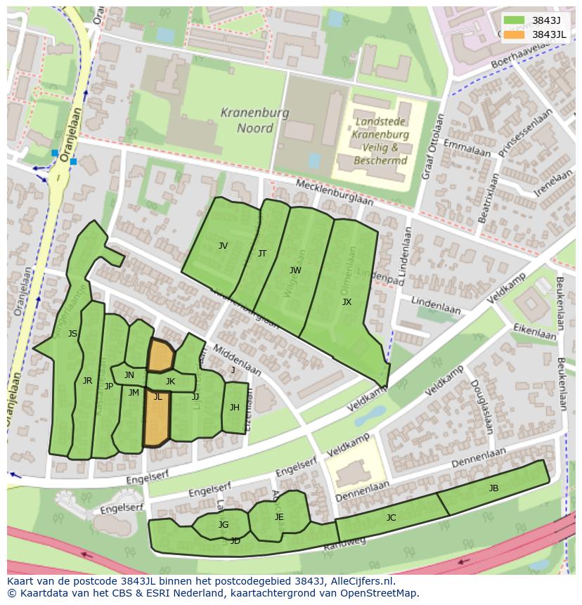 Afbeelding van het postcodegebied 3843 JL op de kaart.
