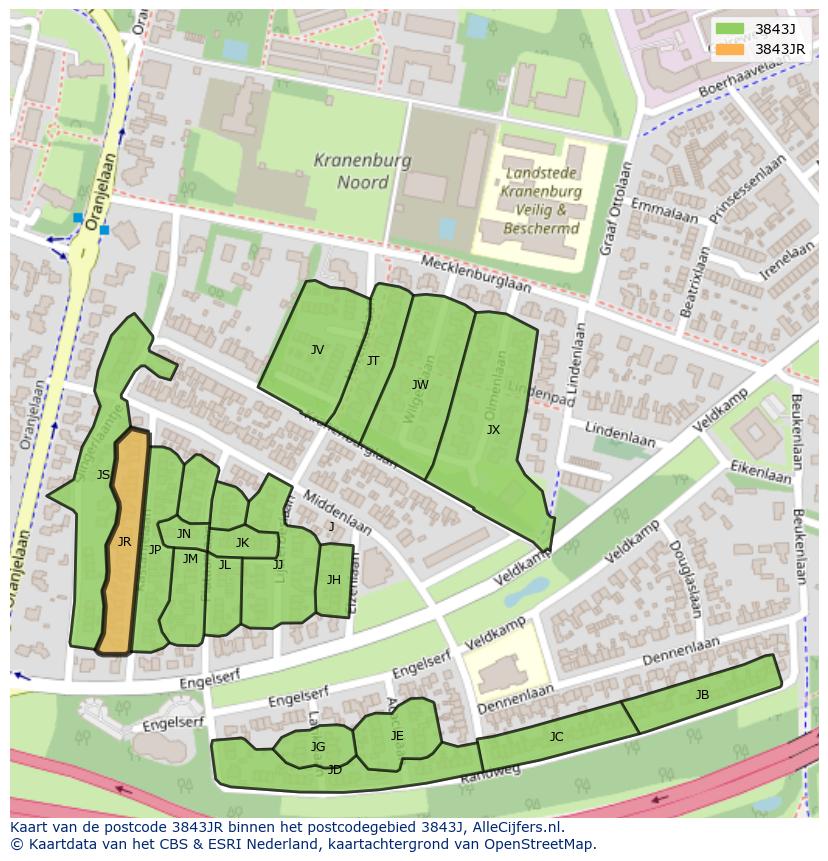 Afbeelding van het postcodegebied 3843 JR op de kaart.