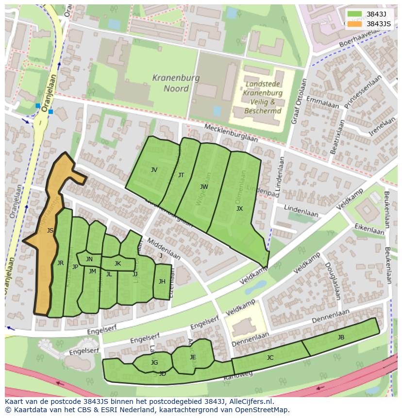 Afbeelding van het postcodegebied 3843 JS op de kaart.