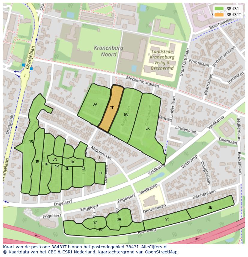 Afbeelding van het postcodegebied 3843 JT op de kaart.