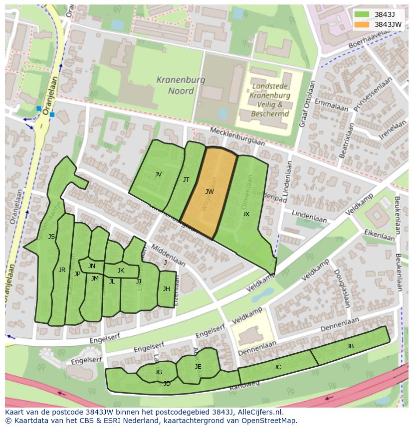Afbeelding van het postcodegebied 3843 JW op de kaart.