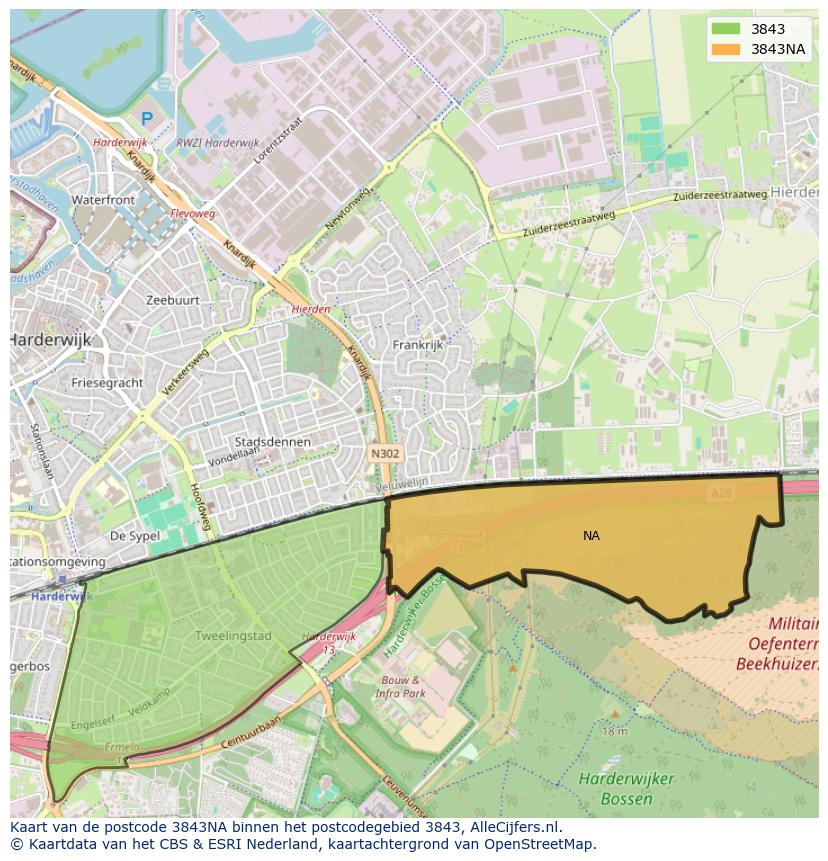 Afbeelding van het postcodegebied 3843 NA op de kaart.