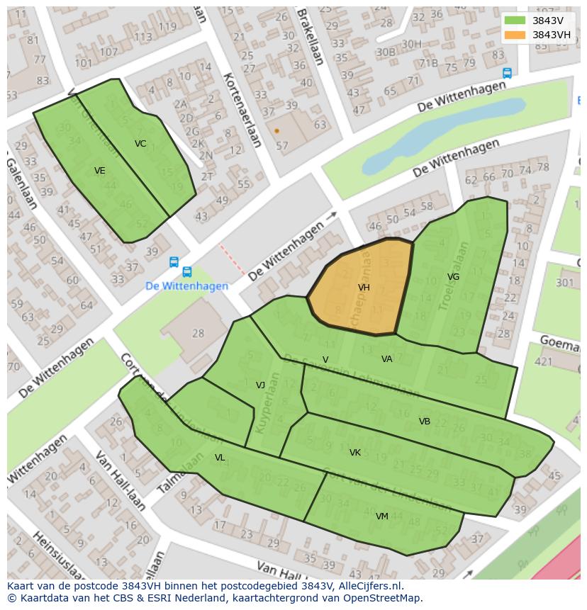 Afbeelding van het postcodegebied 3843 VH op de kaart.