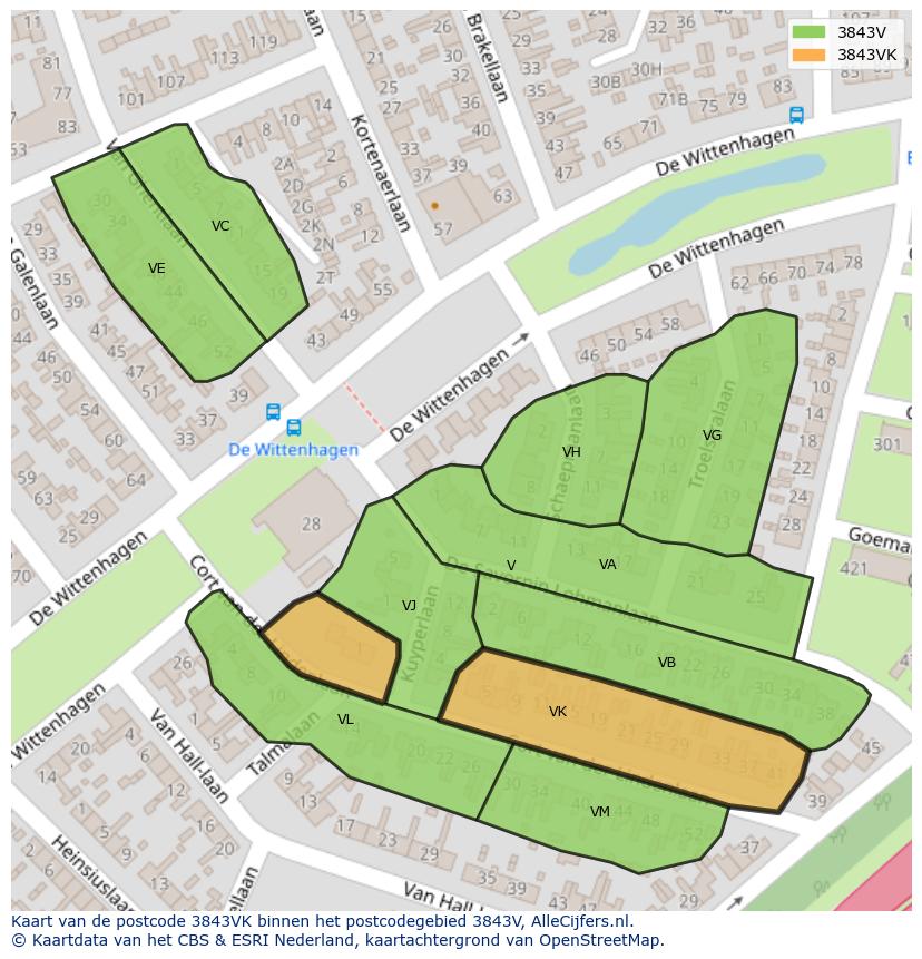 Afbeelding van het postcodegebied 3843 VK op de kaart.