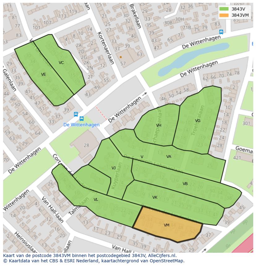 Afbeelding van het postcodegebied 3843 VM op de kaart.