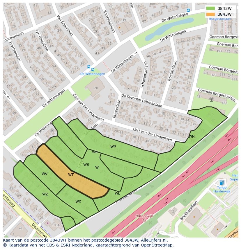 Afbeelding van het postcodegebied 3843 WT op de kaart.