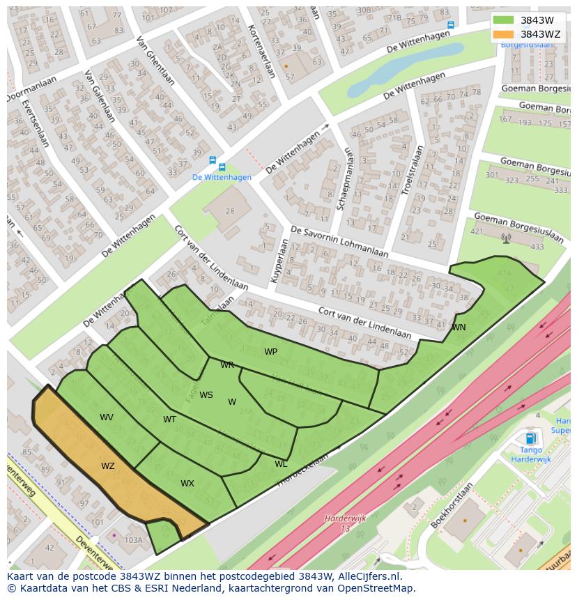 Afbeelding van het postcodegebied 3843 WZ op de kaart.