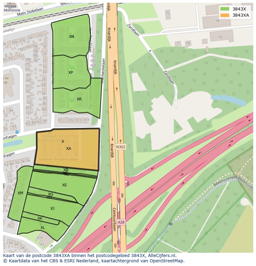 Afbeelding van het postcodegebied 3843 XA op de kaart.