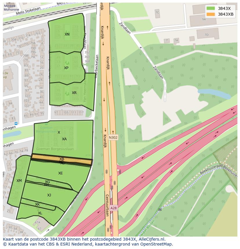Afbeelding van het postcodegebied 3843 XB op de kaart.