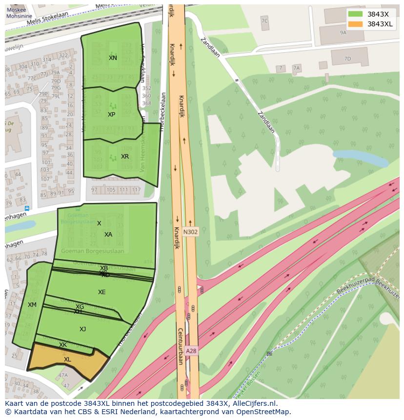 Afbeelding van het postcodegebied 3843 XL op de kaart.