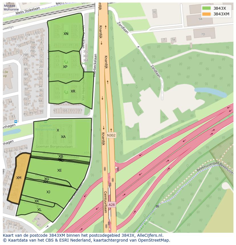 Afbeelding van het postcodegebied 3843 XM op de kaart.