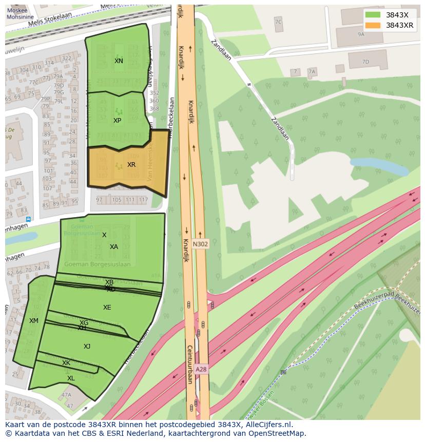 Afbeelding van het postcodegebied 3843 XR op de kaart.