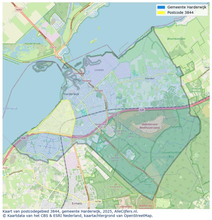Afbeelding van het postcodegebied 3844 op de kaart.