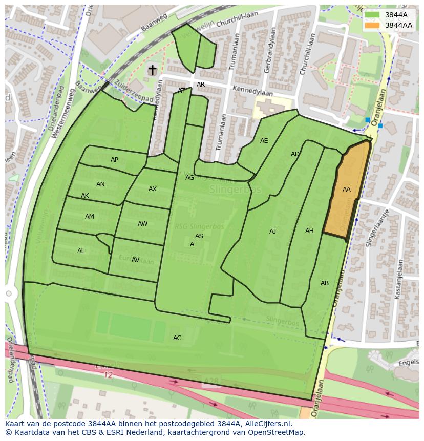 Afbeelding van het postcodegebied 3844 AA op de kaart.