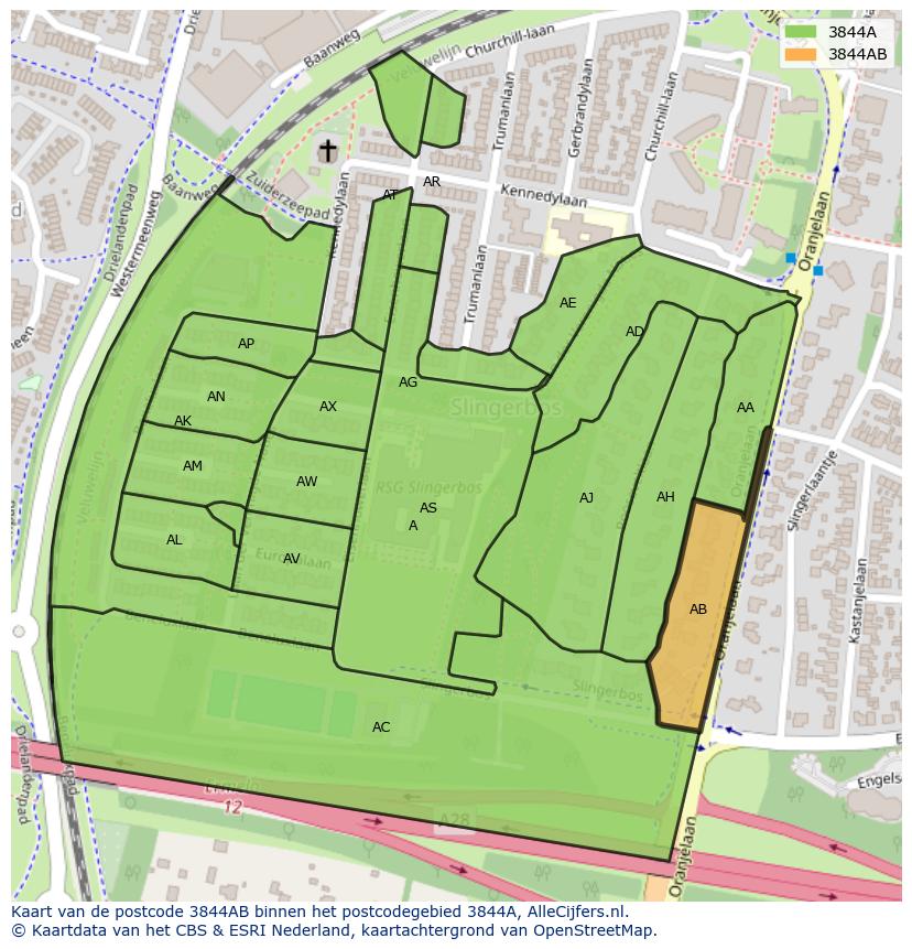 Afbeelding van het postcodegebied 3844 AB op de kaart.