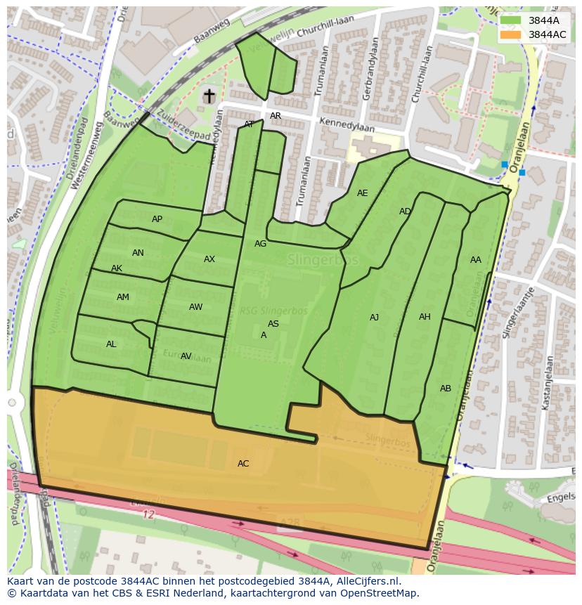 Afbeelding van het postcodegebied 3844 AC op de kaart.