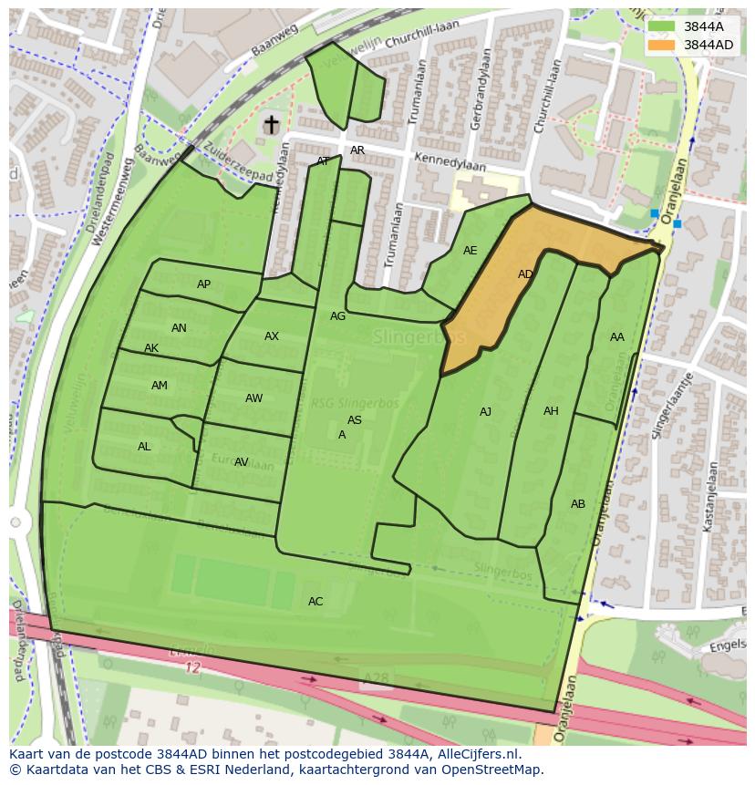 Afbeelding van het postcodegebied 3844 AD op de kaart.