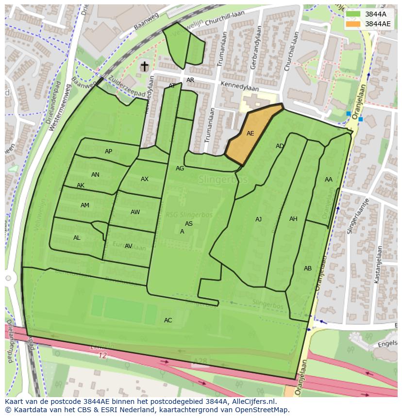 Afbeelding van het postcodegebied 3844 AE op de kaart.