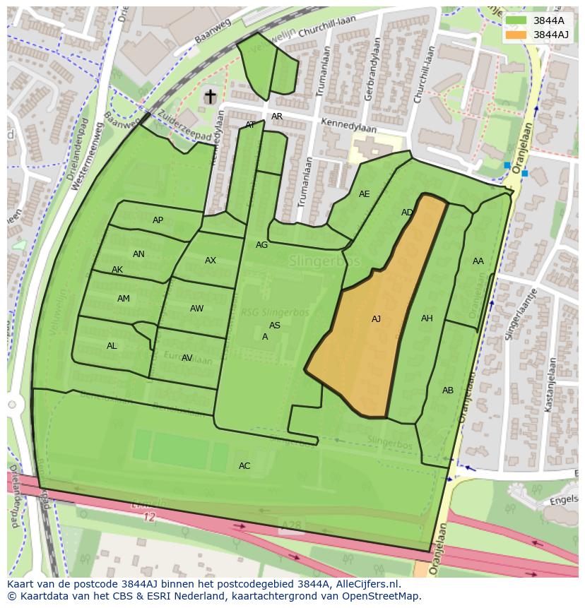 Afbeelding van het postcodegebied 3844 AJ op de kaart.