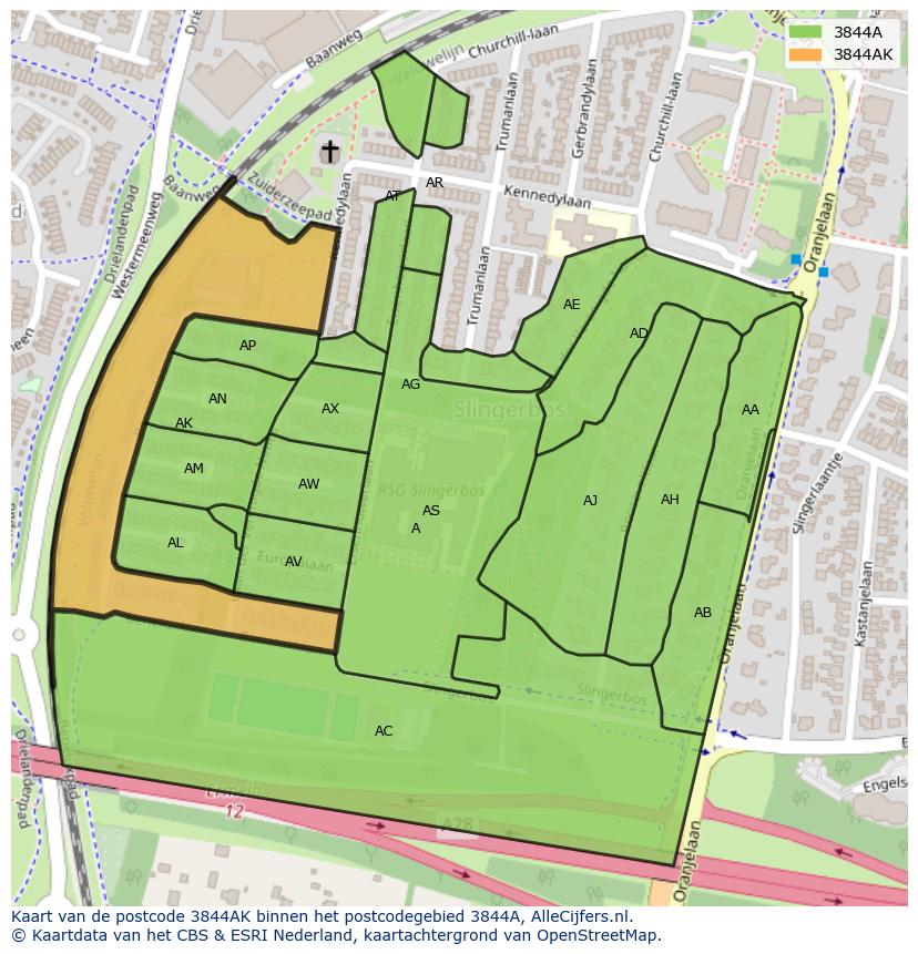 Afbeelding van het postcodegebied 3844 AK op de kaart.