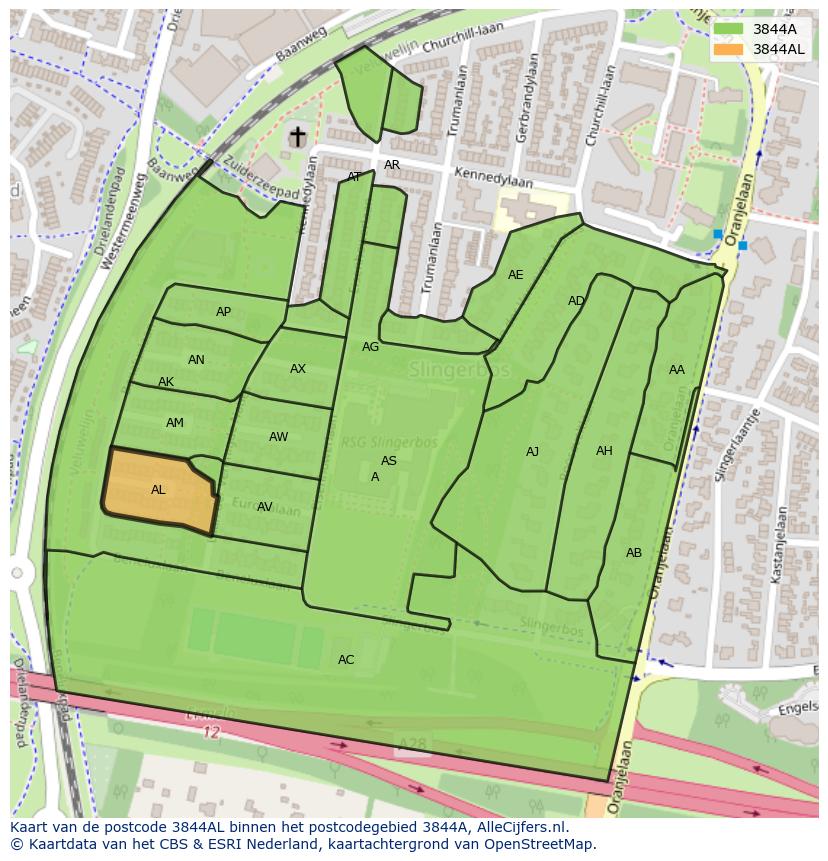Afbeelding van het postcodegebied 3844 AL op de kaart.